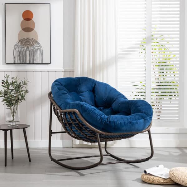 Hand-Woven Rattan Rocking Chair with Padded Cushion - Navy Blue