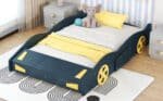 Pine Wood Race Car-Shaped Platform Bed with Storage - Dark Blue and Yellow - Image 5