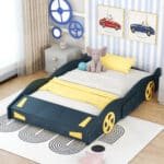 Pine Wood Race Car-Shaped Platform Bed with Storage - Dark Blue and Yellow - Image 2