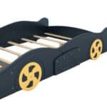 Pine Wood Race Car-Shaped Platform Bed with Storage - Dark Blue and Yellow - Image 11