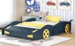 Pine Wood Race Car-Shaped Platform Bed with Storage - Dark Blue and Yellow - Image 6