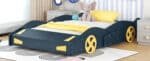 Pine Wood Race Car-Shaped Platform Bed with Storage - Dark Blue and Yellow - Image 7