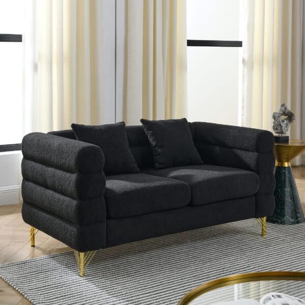 Teddy Fabric Deep Seating 2-Seater Sectional Sofa with 2 Pillows - Black