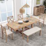 Acacia Wood Extendable Dining Table Set with Upholstered Chairs and Bench - Natural/Beige - Image 2
