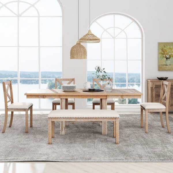 Acacia Wood Extendable Dining Table Set with Upholstered Chairs and Bench - Natural/Beige