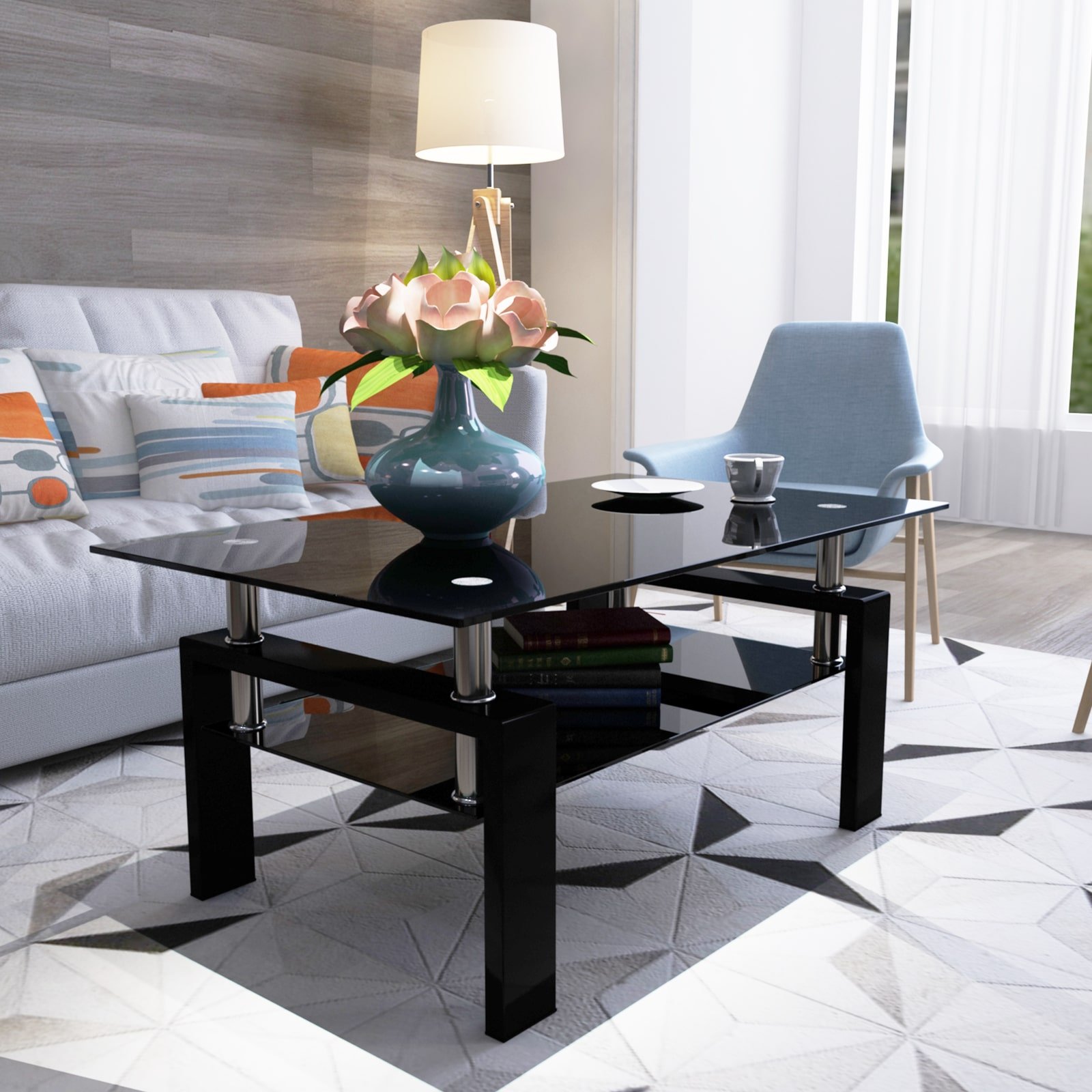 Elegant Black Tempered Glass Coffee Table - Modern Living Room Centerpiece