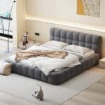 Gray Linen Upholstered Bed – Modern Queen Platform Bed for Elegant Sleep