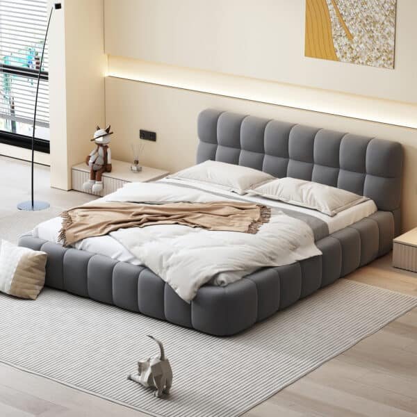 Gray Linen Upholstered Bed – Modern Queen Platform Bed for Elegant Sleep