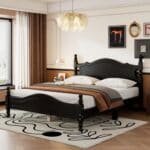 ⁦Wood Platform Bed Frame with Wooden Slat Support - Retro Style - Black⁩ - الصورة ⁦2⁩