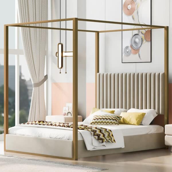 Upholstered Canopy Platform Bed with Headboard - Beige