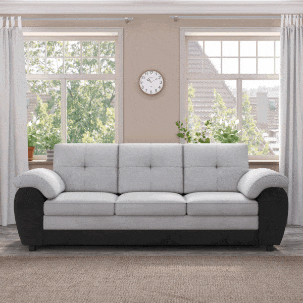 Upholstered 3-Seater Sofa with Deep Seating - Black Leather and Light Gray Velvet