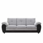 ⁦Upholstered 3-Seater Sofa with Deep Seating - Black Leather and Light Gray Velvet⁩ - الصورة ⁦8⁩
