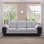 ⁦Upholstered 3-Seater Sofa with Deep Seating - Black Leather and Light Gray Velvet⁩ - الصورة ⁦2⁩