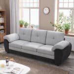⁦Upholstered 3-Seater Sofa with Deep Seating - Black Leather and Light Gray Velvet⁩ - الصورة ⁦5⁩