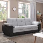⁦Upholstered 3-Seater Sofa with Deep Seating - Black Leather and Light Gray Velvet⁩ - الصورة ⁦6⁩