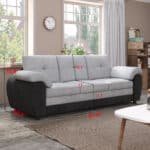 ⁦Upholstered 3-Seater Sofa with Deep Seating - Black Leather and Light Gray Velvet⁩ - الصورة ⁦3⁩