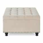 Upholstered Square Storage Ottoman with Button Tufting and Nail Trim - Beige - Image 3