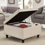 Upholstered Square Storage Ottoman with Button Tufting and Nail Trim - Beige - Image 6