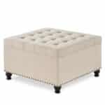 Upholstered Square Storage Ottoman with Button Tufting and Nail Trim - Beige - Image 2