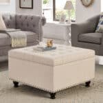Upholstered Square Storage Ottoman with Button Tufting and Nail Trim - Beige