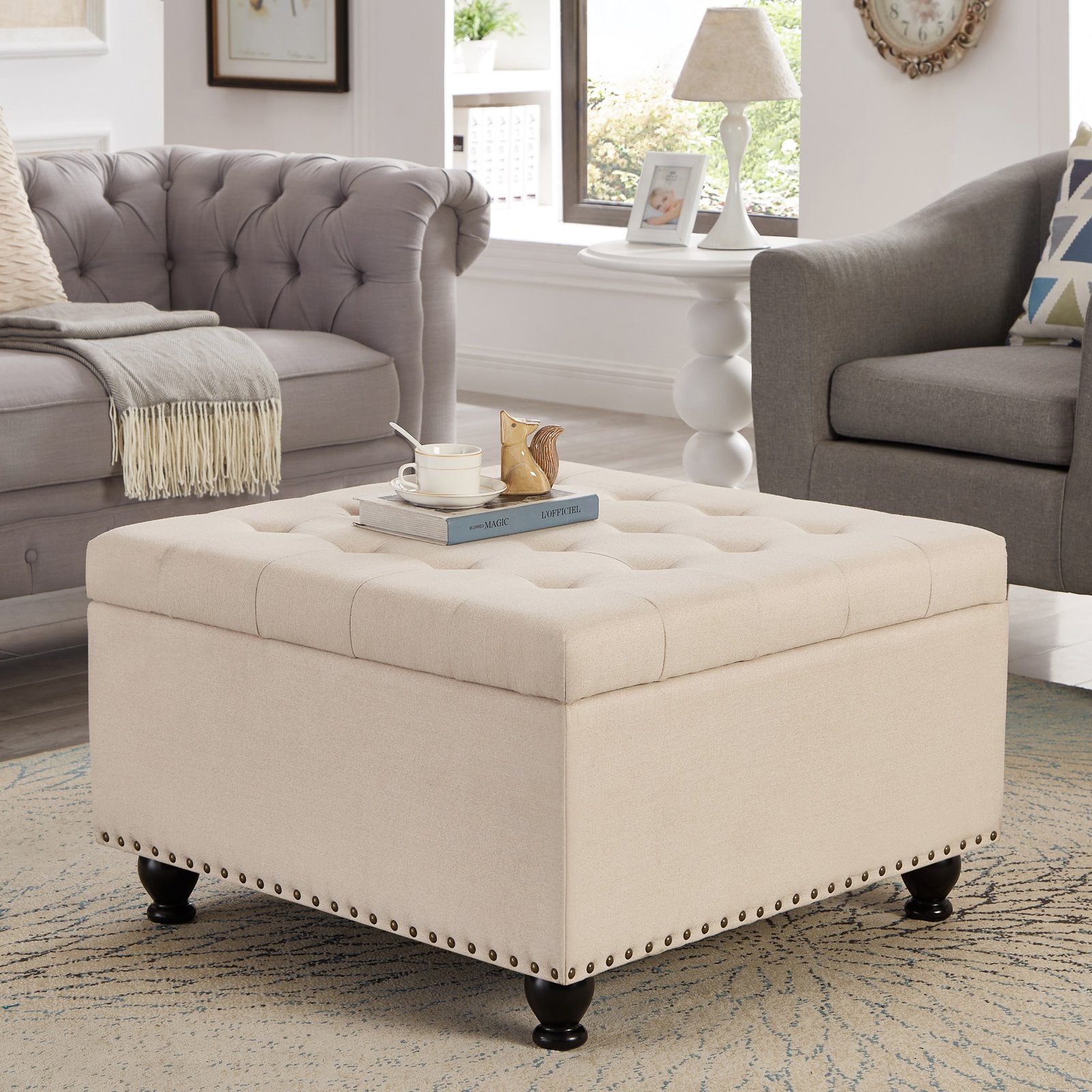 Upholstered Square Storage Ottoman with Button Tufting and Nail Trim - Beige