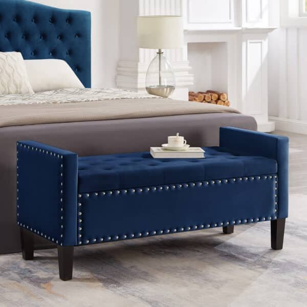 Velvet Upholstered Storage Bench with Tufted Buttons and Armrest - Navy