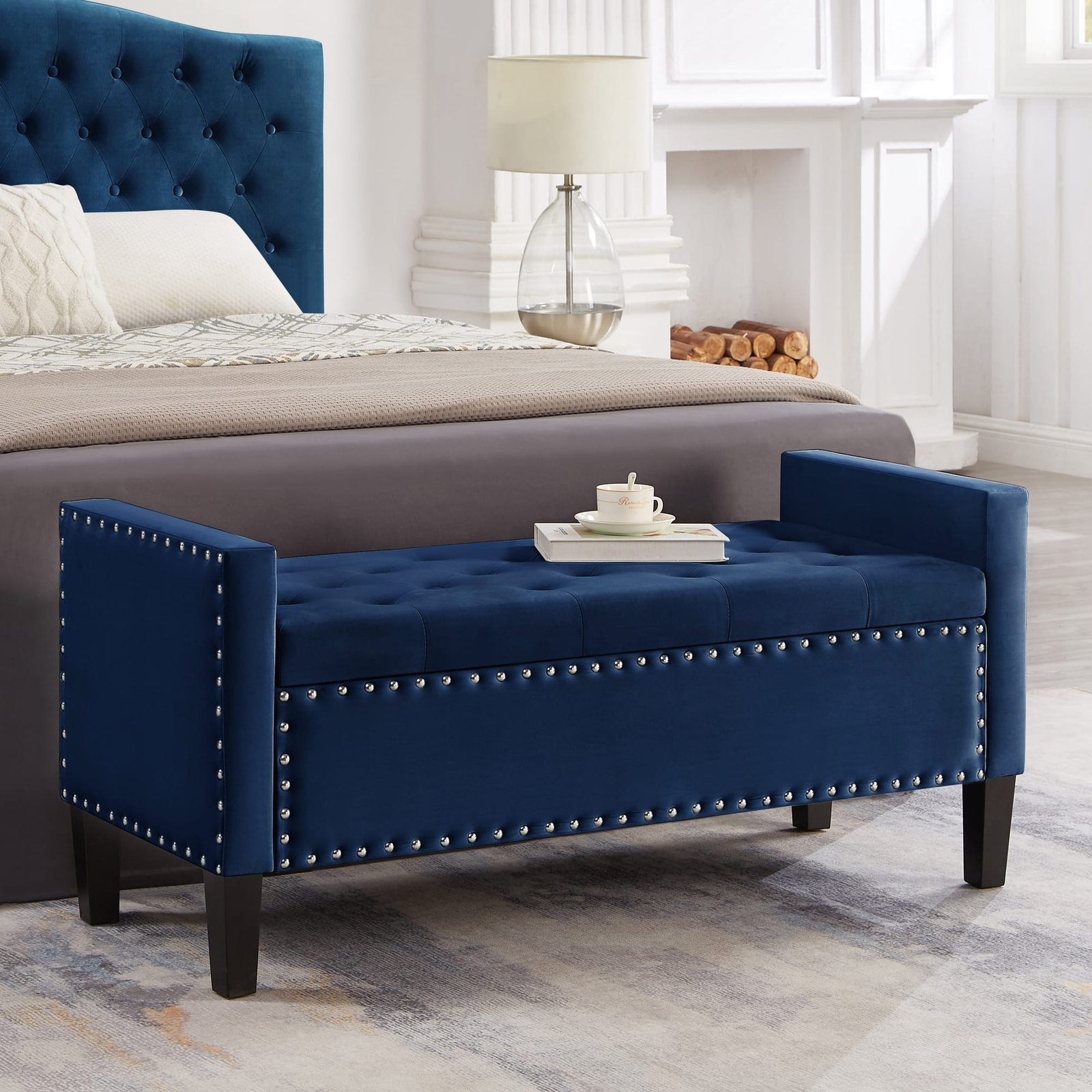 Velvet Upholstered Storage Bench with Tufted Buttons and Armrest - Navy