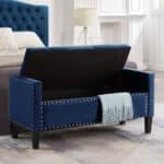 Velvet Upholstered Storage Bench with Tufted Buttons and Armrest - Navy - Image 2