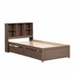 Particle Board Twin Size Bed Frame with Built-in USB Port and Bookcase Headboard - Walnut - Image 7