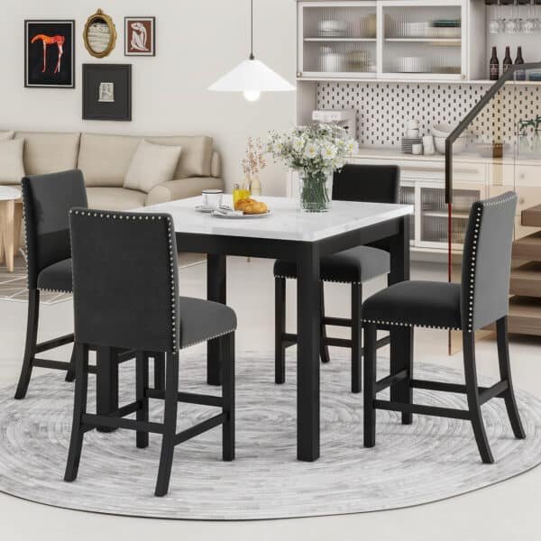Faux Marble Counter Height Dining Table Set with Velvet Upholstered Chairs - Black