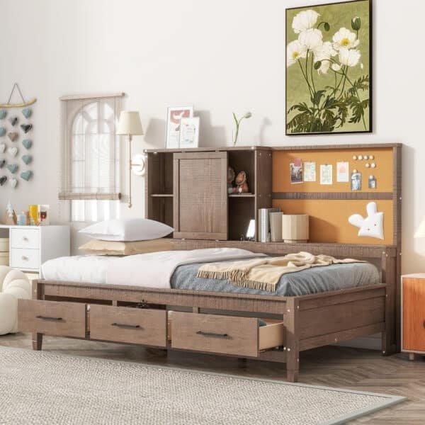 Pine Wood Twin Daybed with Storage Shelves, Cork Board, and USB Ports - Antique Wood Color