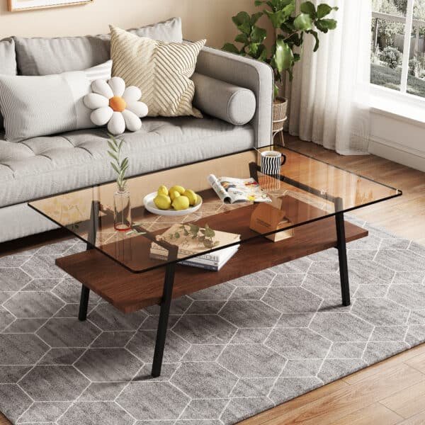 Tempered Glass Rectangle Coffee Table with Black Metal Legs - Brown