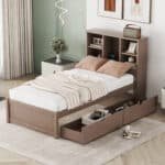 Walnut Bookcase Bed - Stylish Storage & Modern Comfort