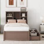 Particle Board Twin Size Bed Frame with Built-in USB Port and Bookcase Headboard - Walnut - Image 2