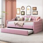 Pink Velvet Daybed with Trundle – Elegant & Functional Twin Size Sofa Bed