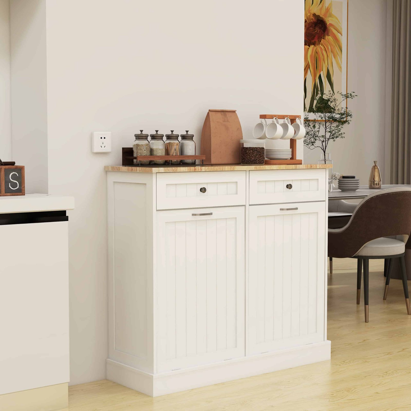White MDF Kitchen Trash Cabinet with Tilt-Out Bins and Dual Drawers