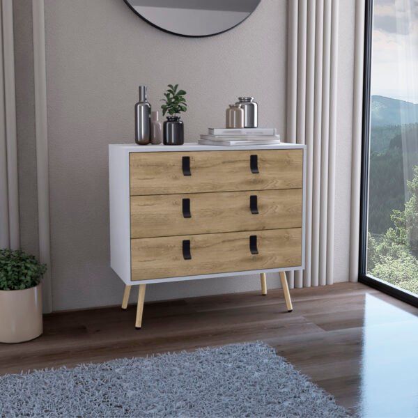 Dresser 29"H, 3 Drawers Dresser with Handles and Wooden Legs, White / Macadamia