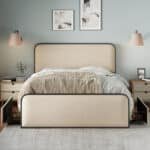 Upholstered Metal Bed Frame with Curved Headboard and Footboard, 4 Storage Drawers - Beige