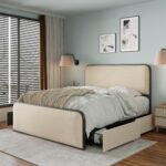 Upholstered Metal Bed Frame with Curved Headboard and Footboard, 4 Storage Drawers - Beige - Image 2