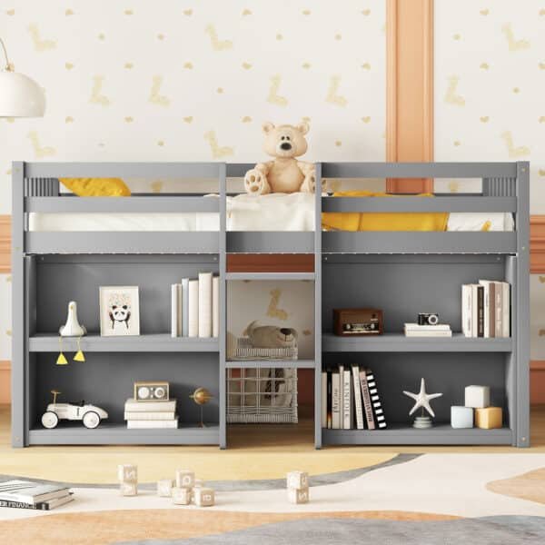 Grey Twin Low Loft Bed with Two-Tier Shelves and LED Light - Kids' Playroom Design