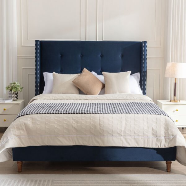 Peyton Upholstered King Bed / 54" High Headboard / Traditional Hand Buttoned Tufting / Nailhead Trim Wingback / No Box Spring Needed / Easy Assembly / Blue Velvet