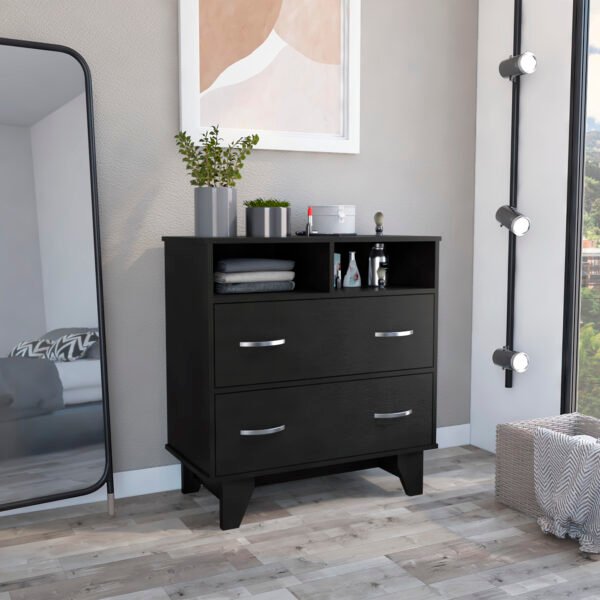 Portanova Two Drawer Dresser, Two Open Shelves, Superior Top,  Four Legs -Black