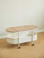Tempered Glass Oval Coffee Table with Vented Metal Storage and Swivel Wheels - Brown and White