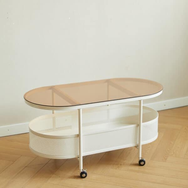Tempered Glass Oval Coffee Table with Vented Metal Storage and Swivel Wheels - Brown and White