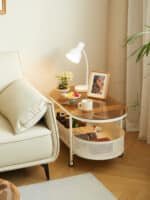 Tempered Glass Oval Coffee Table with Vented Metal Storage and Swivel Wheels - Brown and White - Image 4