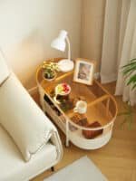 Tempered Glass Oval Coffee Table with Vented Metal Storage and Swivel Wheels - Brown and White - Image 3