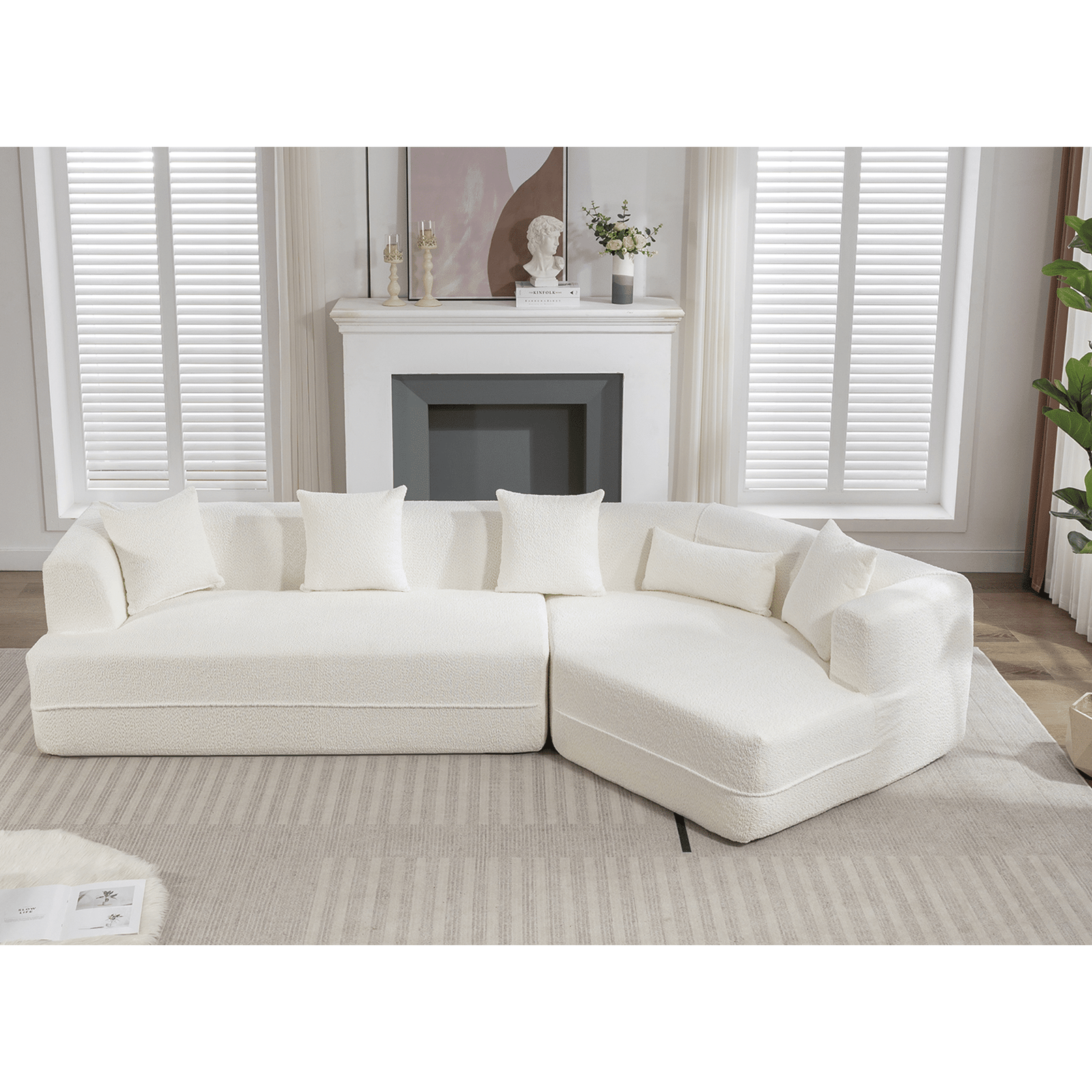 Boucle Fabric Modular Sofa with 4 Pillows - Creamy White