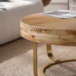 Natural Pine Round Coffee Table with Carved Design and Metal Legs - Golden - Image 8