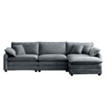 Grey Corduroy L-Shaped Sectional Sofa with Ottoman - Retro Style - Image 4