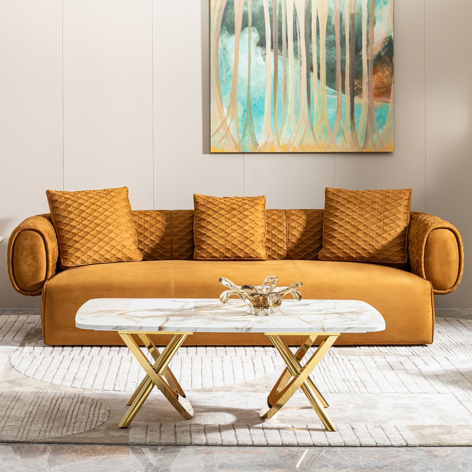 Gold Stainless Steel Coffee Table with Marble Pattern - Living Room & Office